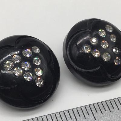 Vintage Lucite Earrings Black Button With Faux Diamond ðŸ’Ž