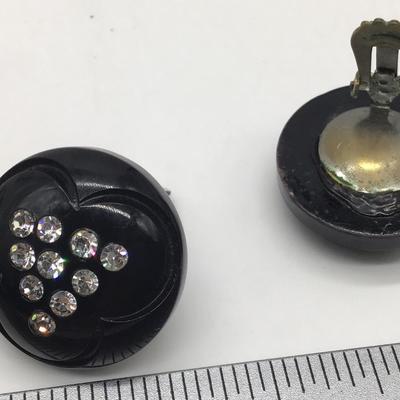 Vintage Lucite Earrings Black Button With Faux Diamond ðŸ’Ž