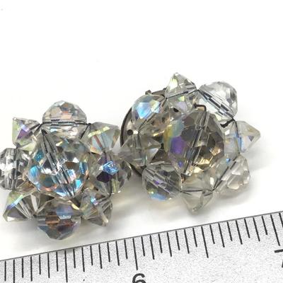 VINTAGE IRIDESCENT GLASS CLUSTER BEAD EARRINGS BEADED CLIP ON MARKED GERMANY