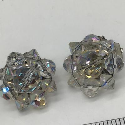 VINTAGE IRIDESCENT GLASS CLUSTER BEAD EARRINGS BEADED CLIP ON MARKED GERMANY