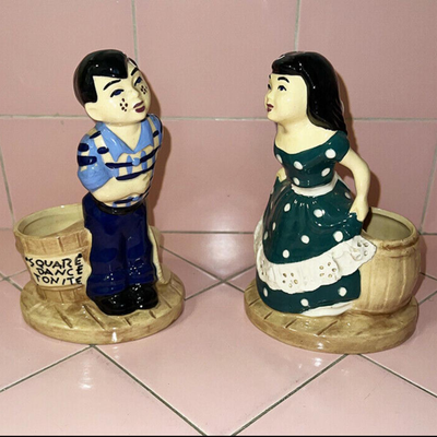 Lot AGG Pair Stewart McCulloch Figurines Boy Girl Square Dancer Planters Hand Painted CA
