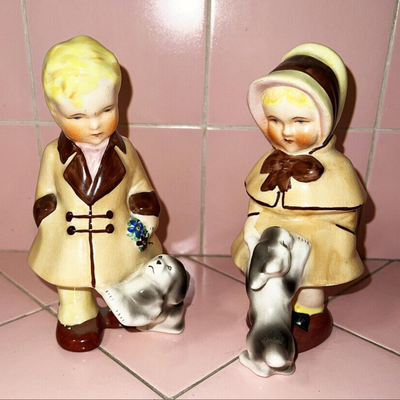Lot AHH Pair Vintage Coventry Pottery Figurines Boy Girl Blonde 2 Gray Dogs Made USA