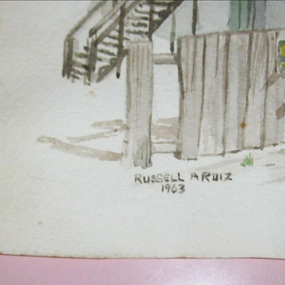 Lot AII 1963 Russell Antonio Ruiz Watercolor Painting Santa Barbara CA 2 Story Adobe