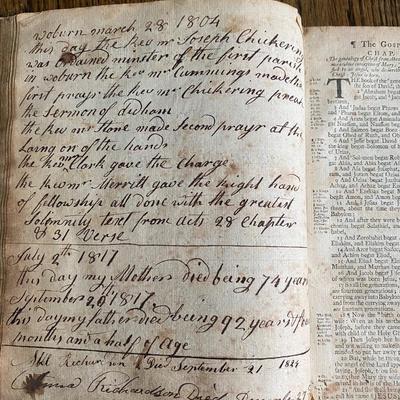 Antique 1795 Edinburgh Bible of Abel Richardson Woburn Mass Genealogy