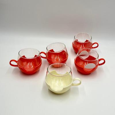 PYREX ~Space Age ~ Set Of Five (5) Plastic Holder Glass Coffee Cups