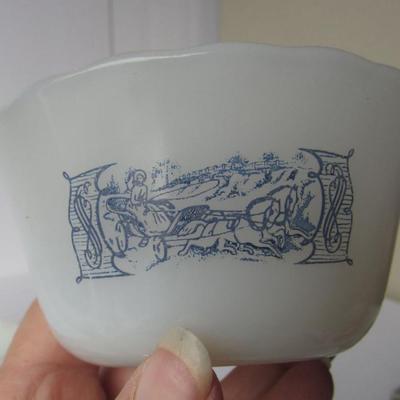 Older White Milk Glass Berry and Cereal Bowls With Blue Design