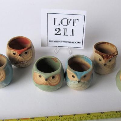 Set of 6 Cute Small Pottery Owl Candle Holders or Tiny Flower Pots