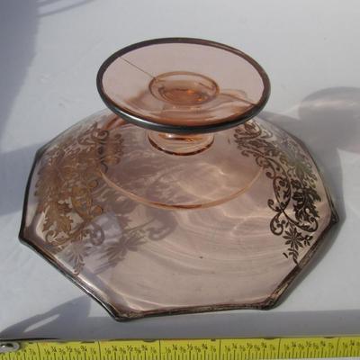 Pink Depression Glass Compote With Silver Deposit