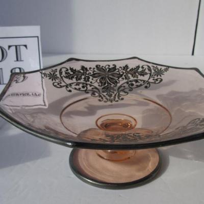 Pink Depression Glass Compote With Silver Deposit