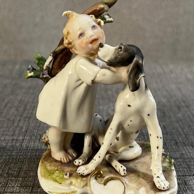 Dresden Porcelain Figurine Baby w/ Dog 