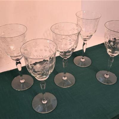 Lot #17  Set of 6 Vintage Crystal Goblets - floral motif