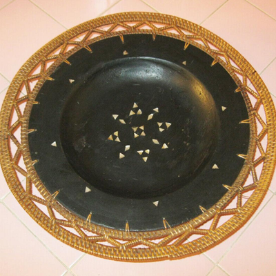 Lot GGG Vintage Tiki Wood Bowl Pelagic Encounters Hawaii Shell Hand Made Basket Weave