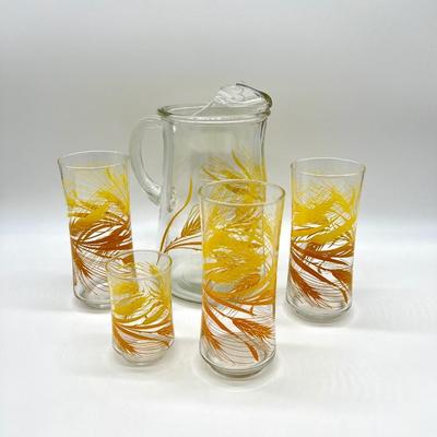 LIBBY ~ Golden Wheat ~ Set of Five (5) ~ Vintage Pitcher & Glasses