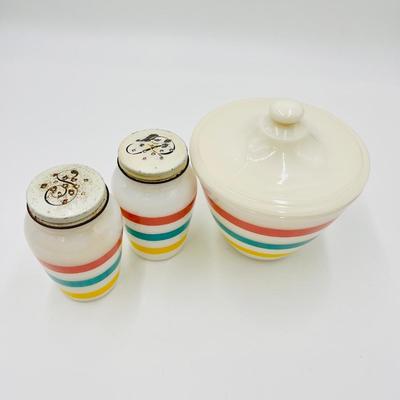 FIRE KING ~ Stripes ~ Lidded Grease Jar / Salt & Pepper Shaker