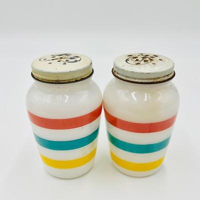 FIRE KING ~ Stripes ~ Lidded Grease Jar / Salt & Pepper Shaker