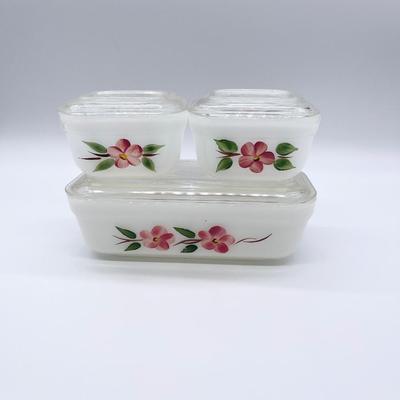 ANCHOR HOCKING ~ Fire King ~ Peach Blossom ~ Three (3)~ Lidded Refrigerator Dishes