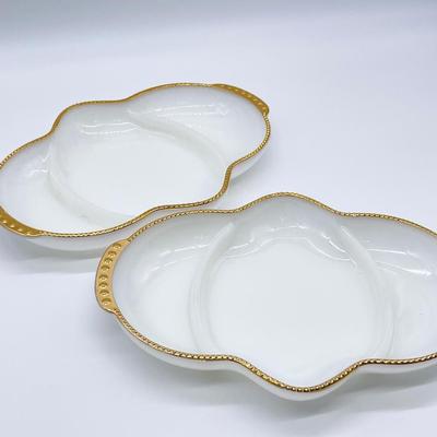 FIRE KING ~ Pair (2) ~ Gold Rim Divided Candy Dishes