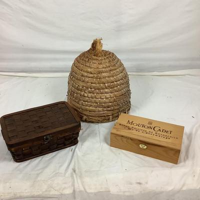 Lot. 6194.  Vintage Bohemian Beehive Bee Skep Straw Basket and more