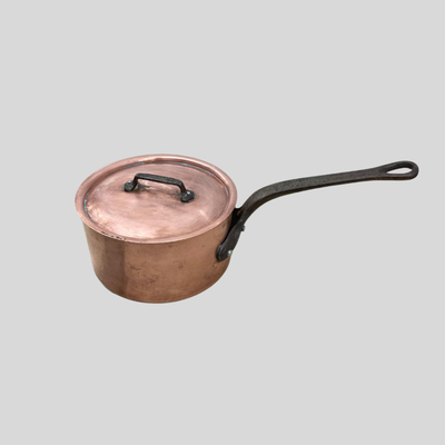Vintage French Professional Heavy Hammered Copper Saucepan with Cast Iron Handles and Lid