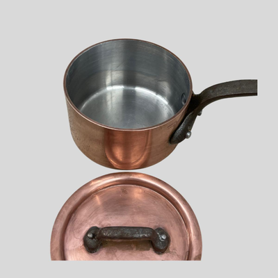 Vintage French Professional Heavy Hammered Copper Butter Warmer with Cast Iron Handles and Lid