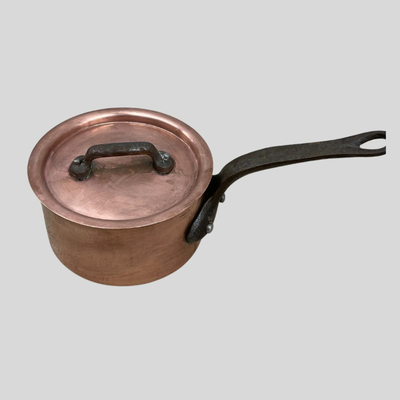 Vintage French Professional Heavy Hammered Copper Butter Warmer with Cast Iron Handles and Lid