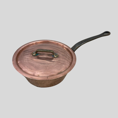 Vintage French Professional Heavy Hammered Copper Saucepan with Cast Iron Handles and Lid