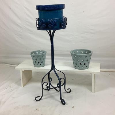 Lot. 6196. Blue Metal Plant Stand with 3 Decorative Glazed Pots