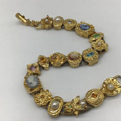 Vintage Charm Bracelet Cameo In Gold Tone With Cameo, Rhinestone,Pearls & More