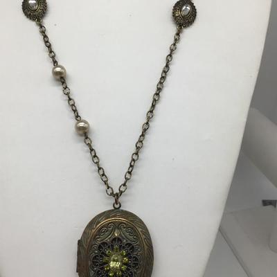 Pretty Large Locket With Green Faux Stones