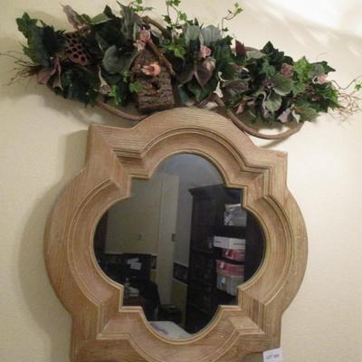 Wood-framed Mirror and Decorative Floral Overhang