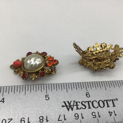 Vintage Fashion Clip on Earrings Gold Tone Multi Stones