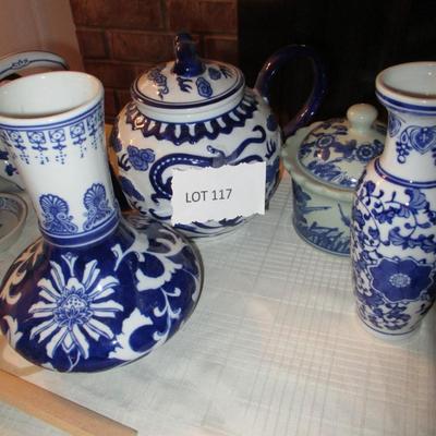 Ceramic Blue/White Vases & Teapot