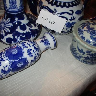 Ceramic Blue/White Vases & Teapot