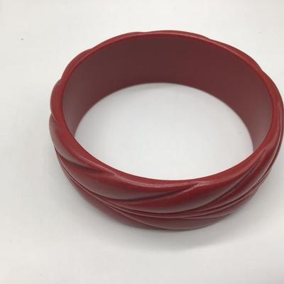 Vintage  Red Plastic Bangle Bracelet with Design