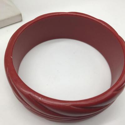 Vintage  Red Plastic Bangle Bracelet with Design