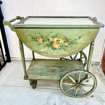 ANTIQUE TOLE PAINTED ROLLING TEA CART W/GLASS SERVING TRAY