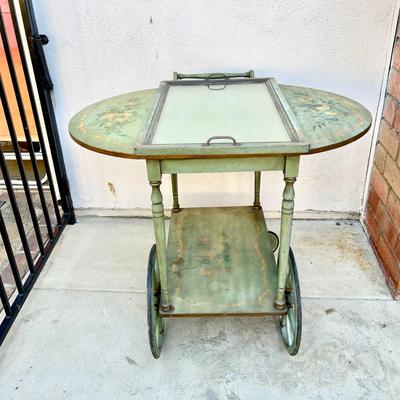 ANTIQUE TOLE PAINTED ROLLING TEA CART W/GLASS SERVING TRAY