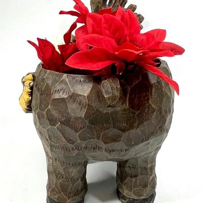 Hand carved wood moose figurine with poinsettias Christmas decor