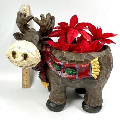 Hand carved wood moose figurine with poinsettias Christmas decor