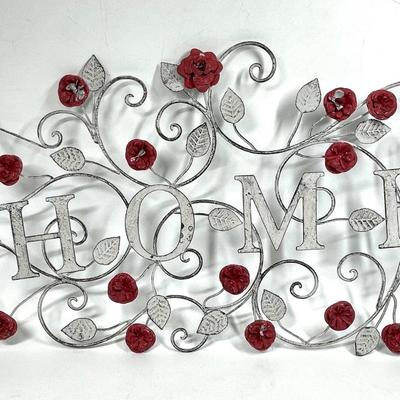Metal painted silver and red Home sign with roses