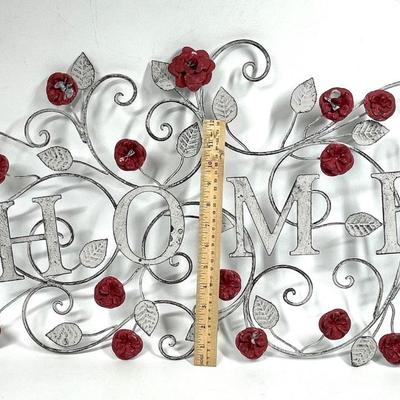 Metal painted silver and red Home sign with roses