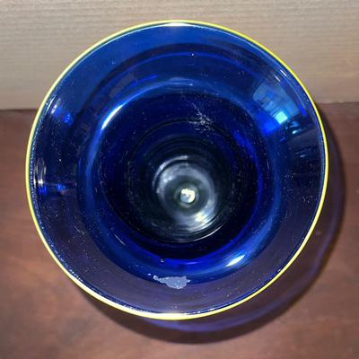 Lot UUU Cobalt Blue Vase with Applied Yellow Swirl 11