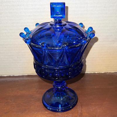 Lot HHA Fostoria Hapsburg Crown Collection Chalice w/Lid Cobalt Blue Candy Dish