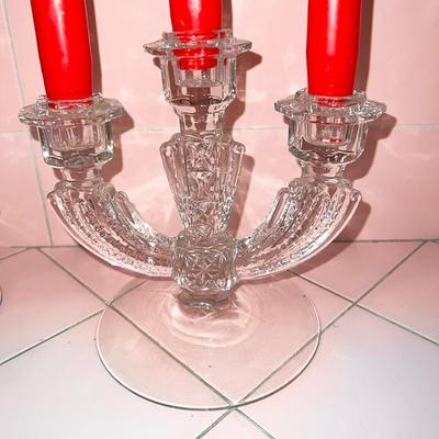 Lot IIA Pair Depression Glass Triple Candle Holders + 6 Red Candles