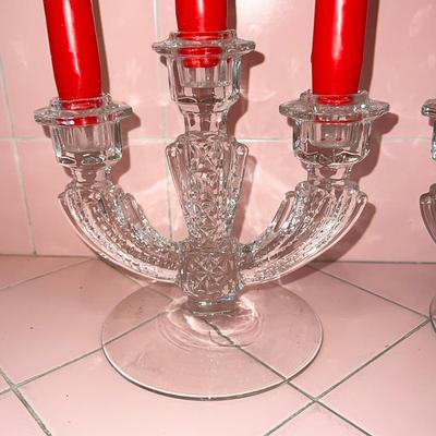 Lot IIA Pair Depression Glass Triple Candle Holders + 6 Red Candles
