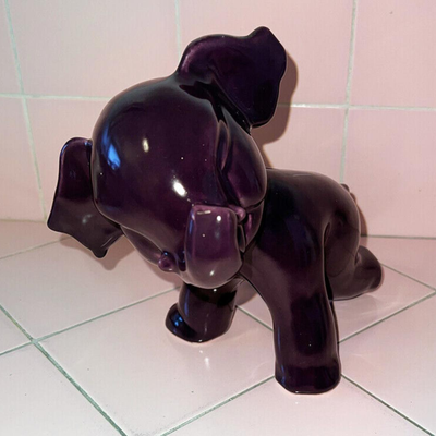 lot JJA Adorable Studio Art Pottery Baby Elephant Figurine Sculpture Purple Eggplant Tusks Smile