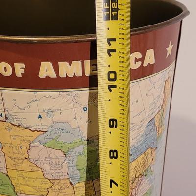 Lot 18: Vintage Metal United States Map and Facts Garbage Can