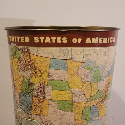Lot 18: Vintage Metal United States Map and Facts Garbage Can