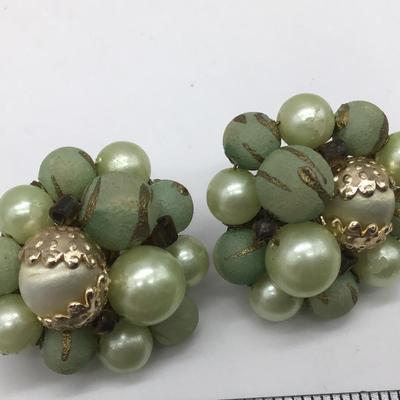 Vintage Green Beaded Clip On Earrings Gold  Tone MADE IN JAPAN