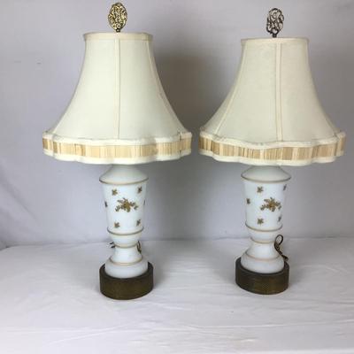 Lot. 6203. Pair of White Lamps with floral gold inlay and brass base